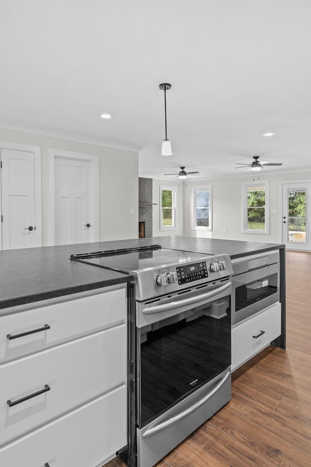 kitchen featuring crown molding, ceiling fan, dark hardwood / wood-style floors, and stainless steel range with electric stovetop