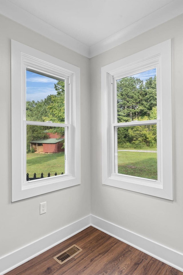 unfurnished room with wood-type flooring, ornamental molding, and a healthy amount of sunlight