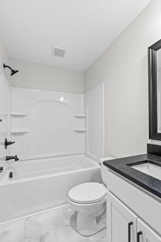 full bathroom with toilet, tub / shower combination, and vanity