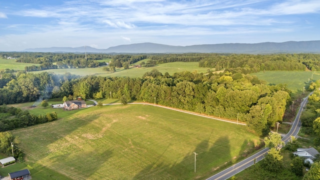 birds eye view of property featuring a mountain view and a rural view