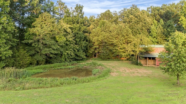 view of yard featuring a water view and an outdoor structure