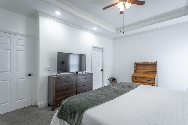 bedroom with crown molding, ceiling fan, and carpet flooring