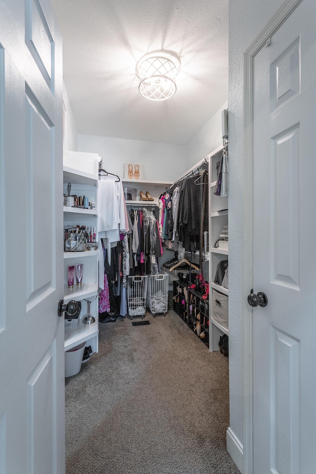 walk in closet with carpet