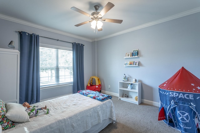 carpeted bedroom with ornamental molding and ceiling fan