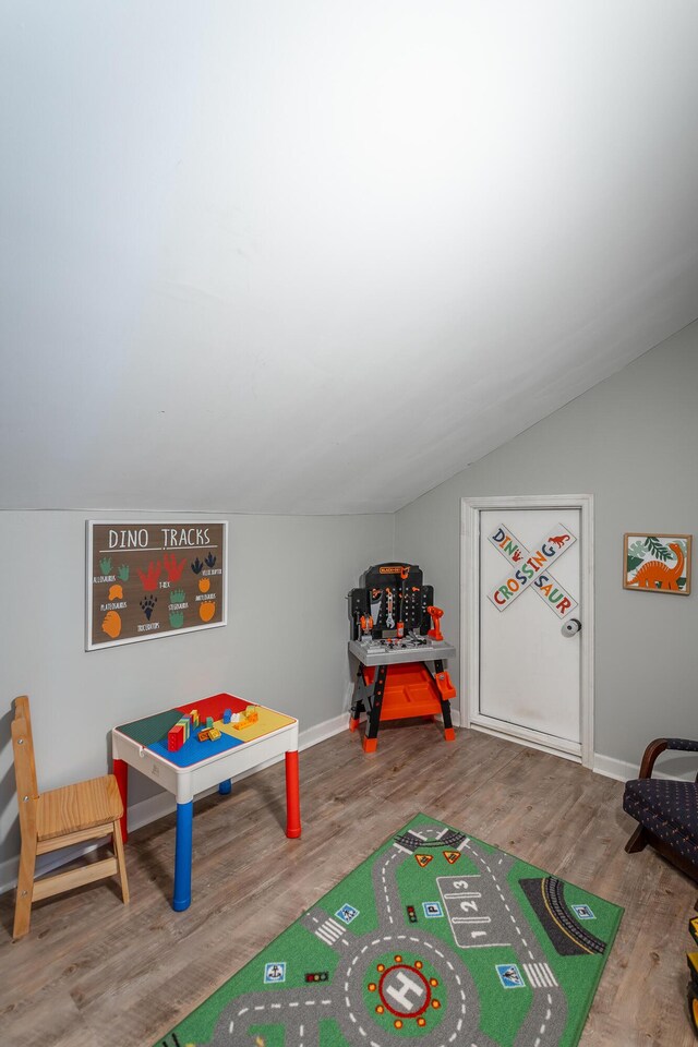 recreation room featuring lofted ceiling and hardwood / wood-style flooring