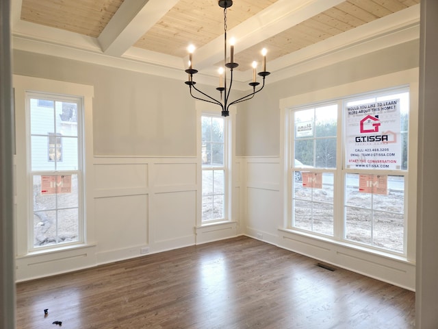 unfurnished dining area featuring beam ceiling, a healthy amount of sunlight, wood ceiling, and an inviting chandelier