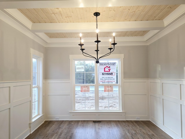 unfurnished dining area featuring beam ceiling, dark wood-type flooring, a notable chandelier, and wood ceiling