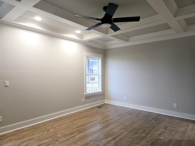 empty room with beamed ceiling, dark hardwood / wood-style floors, and coffered ceiling