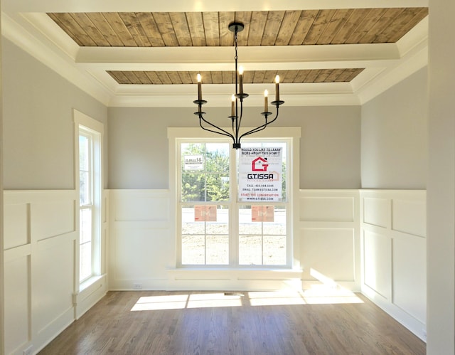 unfurnished dining area with hardwood / wood-style flooring, crown molding, wooden ceiling, and a chandelier