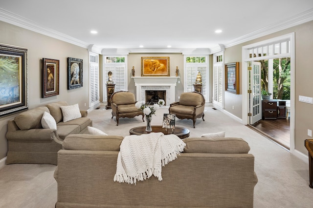 living room featuring ornamental molding and hardwood / wood-style floors