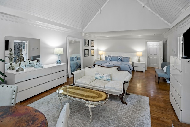 bedroom featuring wood ceiling, ornamental molding, and hardwood / wood-style floors