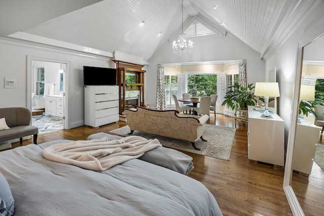 interior space featuring hardwood / wood-style flooring, an inviting chandelier, ensuite bathroom, wood ceiling, and high vaulted ceiling