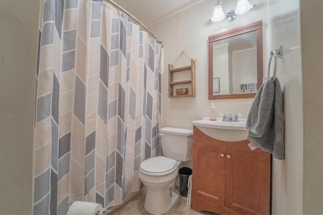 bathroom with a shower with shower curtain, vanity, toilet, and tile patterned floors