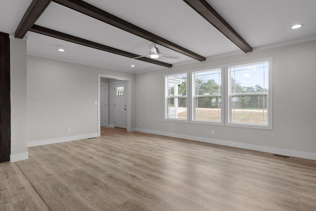 unfurnished living room featuring ceiling fan, beam ceiling, and light hardwood / wood-style floors