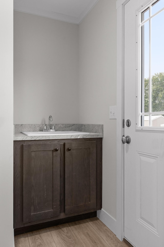 bathroom with hardwood / wood-style flooring, crown molding, and sink