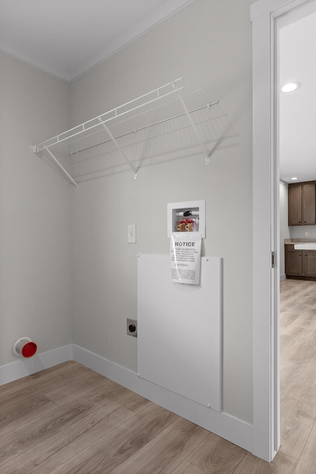 laundry area with washer hookup, light hardwood / wood-style floors, and electric dryer hookup