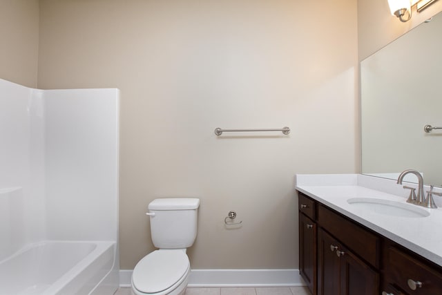 full bathroom featuring tile patterned flooring, toilet, shower / bathing tub combination, and vanity