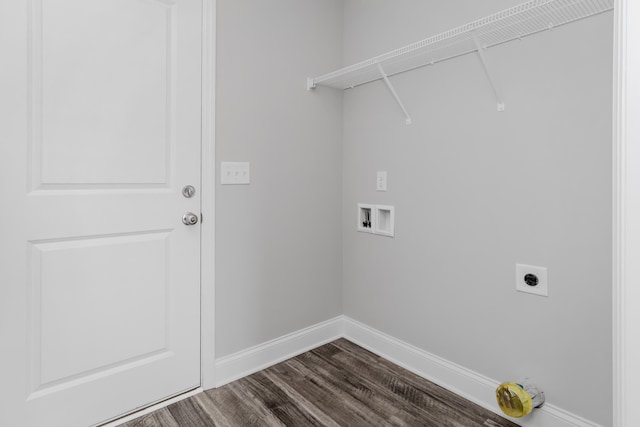 clothes washing area with wood-type flooring, hookup for an electric dryer, and hookup for a washing machine