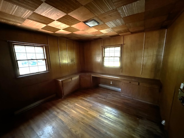 spare room featuring a baseboard radiator, dark hardwood / wood-style floors, and wood walls