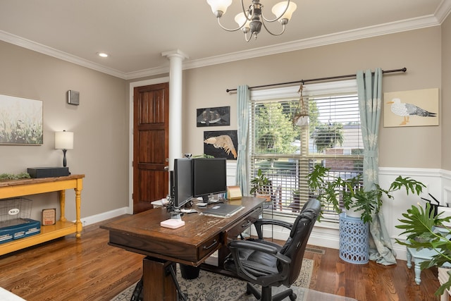 home office featuring crown molding, ornate columns, an inviting chandelier, and dark hardwood / wood-style floors