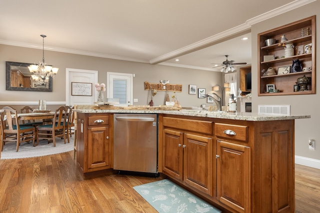 kitchen featuring ceiling fan with notable chandelier, wood-type flooring, and stainless steel dishwasher