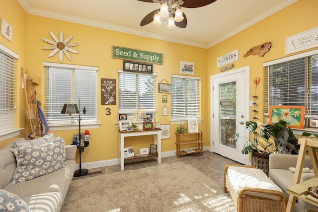 interior space featuring ceiling fan