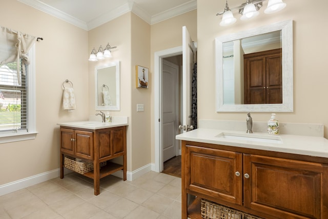 bathroom with tile patterned flooring, crown molding, and vanity