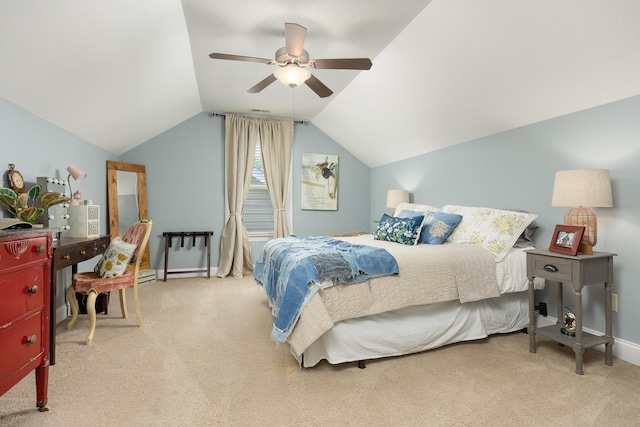 carpeted bedroom with lofted ceiling and ceiling fan