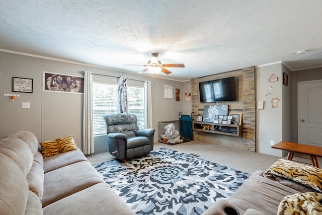 living room featuring a textured ceiling, ceiling fan, ornamental molding, and light carpet