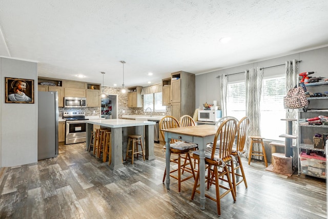 dining room featuring crown molding, wood finished floors, and a textured ceiling
