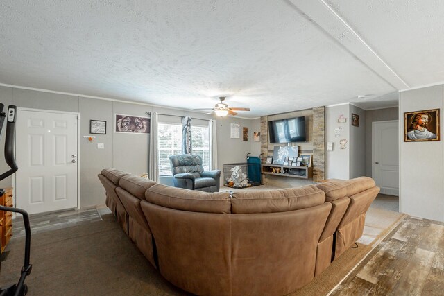 living room with ceiling fan, wood-type flooring, and a textured ceiling