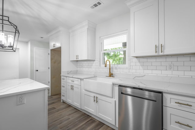 kitchen with dishwasher, pendant lighting, white cabinetry, and hardwood / wood-style floors