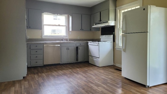 kitchen with dark wood-type flooring, white appliances, gray cabinetry, and sink