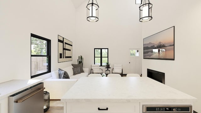 interior space with a high ceiling, light wood-type flooring, and a healthy amount of sunlight