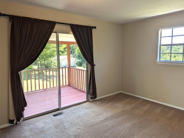 carpeted spare room with a textured ceiling