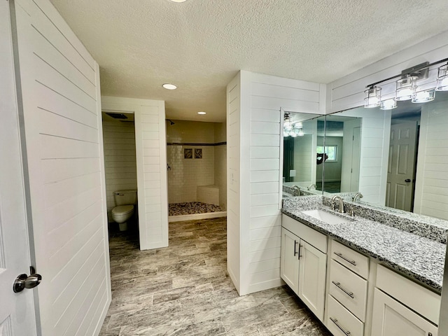 bathroom featuring vanity, a textured ceiling, toilet, and tiled shower