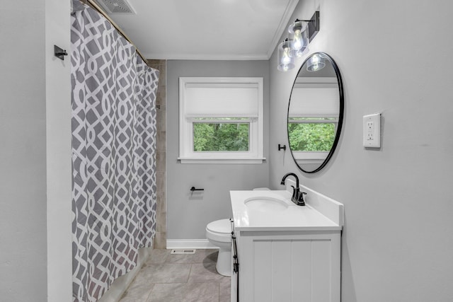 bathroom with a shower with curtain, vanity, crown molding, tile patterned flooring, and toilet