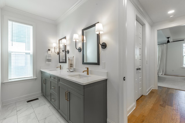 bathroom featuring plenty of natural light, vanity, ornamental molding, and hardwood / wood-style flooring