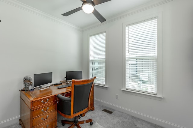 carpeted office with ceiling fan and crown molding