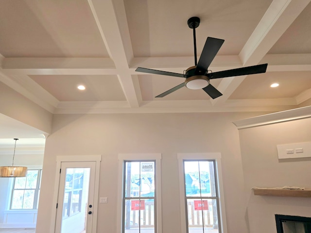 details with beamed ceiling, ceiling fan, and coffered ceiling