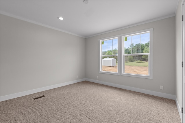 carpeted spare room featuring ornamental molding