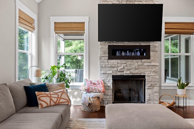 living room featuring dark wood-type flooring and a stone fireplace