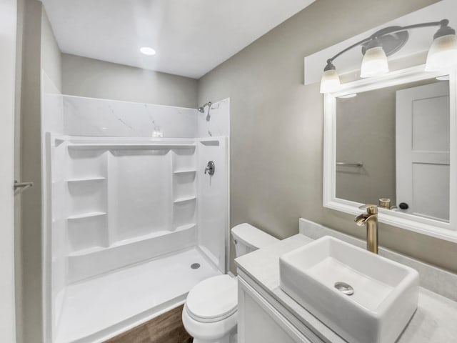 bathroom with vanity, toilet, and a shower