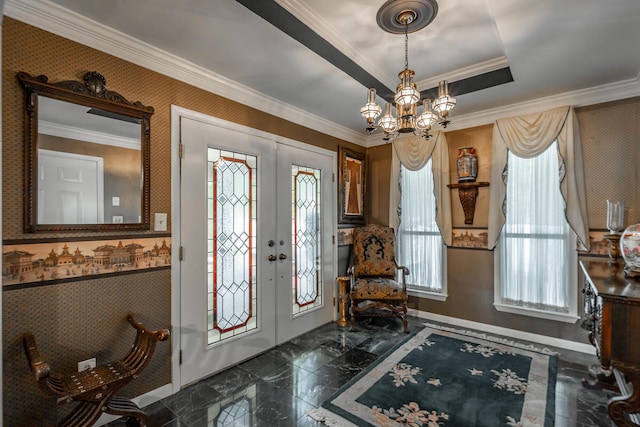 foyer entrance featuring french doors, ornamental molding, marble finish floor, wallpapered walls, and a raised ceiling