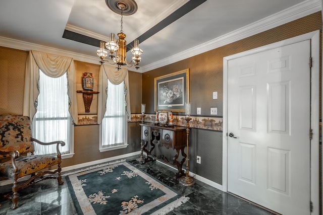 entryway with a wainscoted wall, marble finish floor, wallpapered walls, a tray ceiling, and a notable chandelier