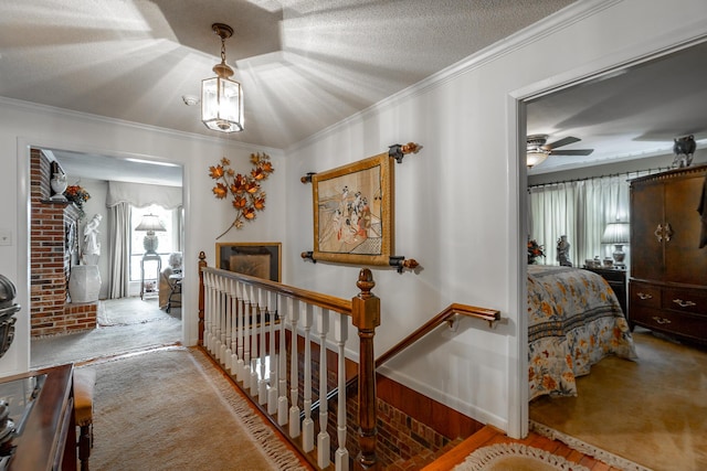 corridor featuring carpet floors, a textured ceiling, and crown molding