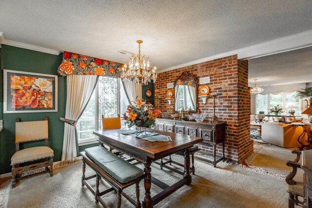 carpeted dining space featuring a textured ceiling, visible vents, crown molding, brick wall, and an inviting chandelier