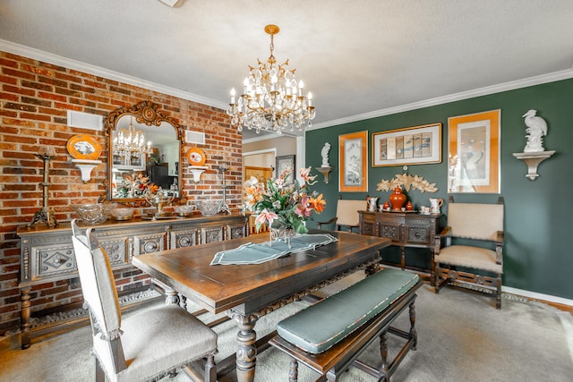 dining room with ornamental molding, carpet, a notable chandelier, and a textured ceiling