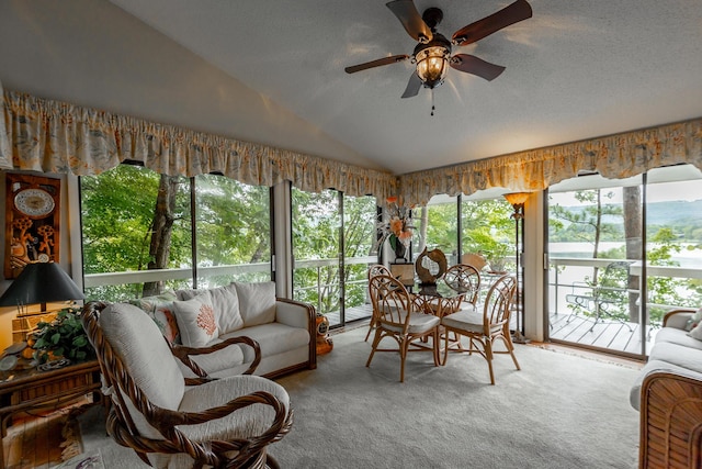 sunroom / solarium with lofted ceiling, a textured ceiling, and carpet floors
