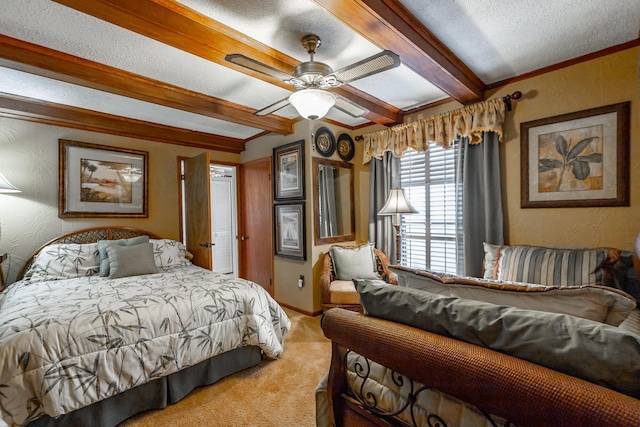 bedroom featuring carpet, a textured ceiling, baseboards, beamed ceiling, and a textured wall